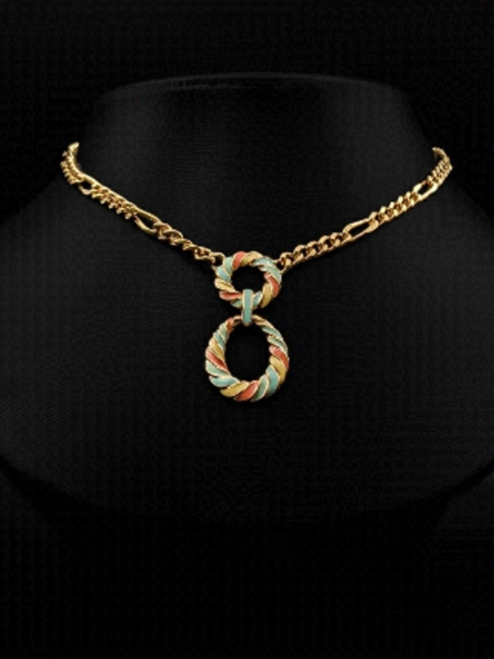 NINA RICCI Pastel Enamel Twist Circle Drop Pendant on Gold Toned Chain